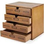 Flexzion Desktop Storage Box with Drawers - Wooden 4 Drawer Organizer Card Catalog Cabinet, No Assembly Required, Pine Wood Vintage Tabletop for Home and Office Accessories