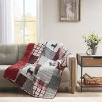 Woolrich Luxury Quilted Throw Cabin Lifestyle Patchwork with Moose Design All Season Lightweight and Breathable Cozy Bedding