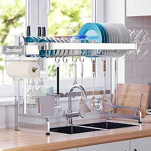 LIVOD Over The Sink Dish Drying Rack, 2 Tier Stainless Steel Over Sink Dish ...