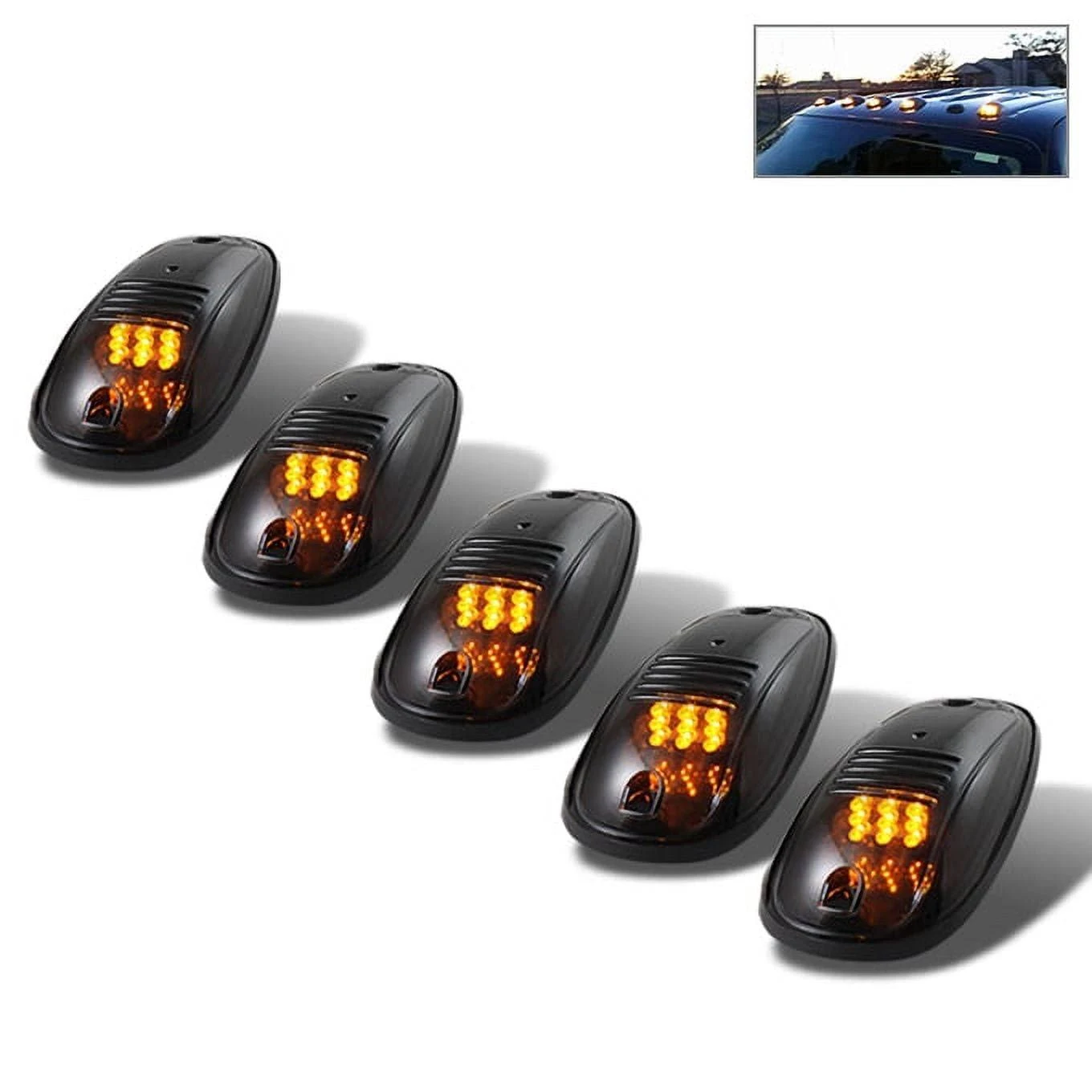 AKKON - For 5Pcs LED Cab Roof Running Marker Lights Smoked Lens Amber Pickup Truck SUV Off Road Replacement Set