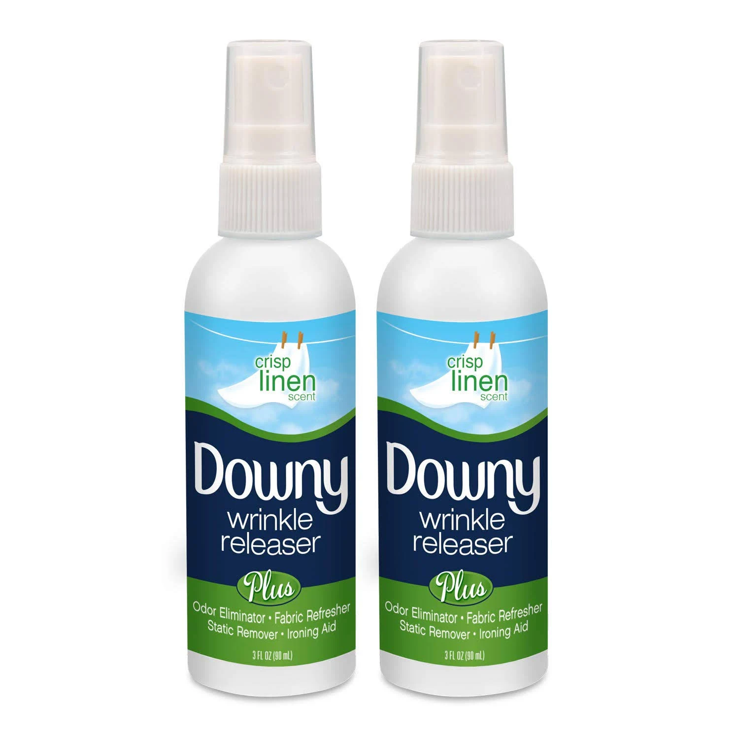 Downy Wrinkle Releaser Spray, All In One Formula, Removes Wrinkles, Static and Odor Eliminator, Crisp Linen Scent, 33.8 Fl Oz, Pack of 2 (Packaging May Vary)