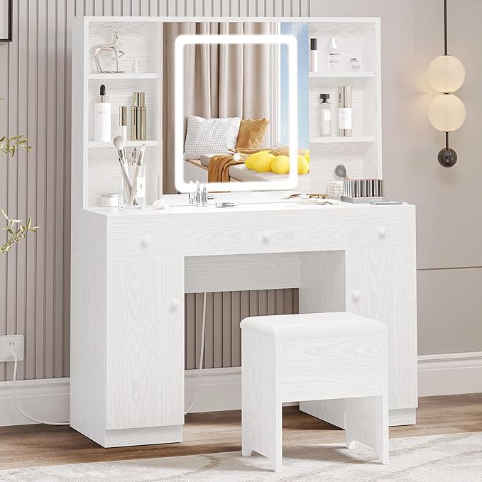 Ironck Vanity Desk Set with Large LED Lighted Mirror, Power Outlet, 7 Drawers, Vanities