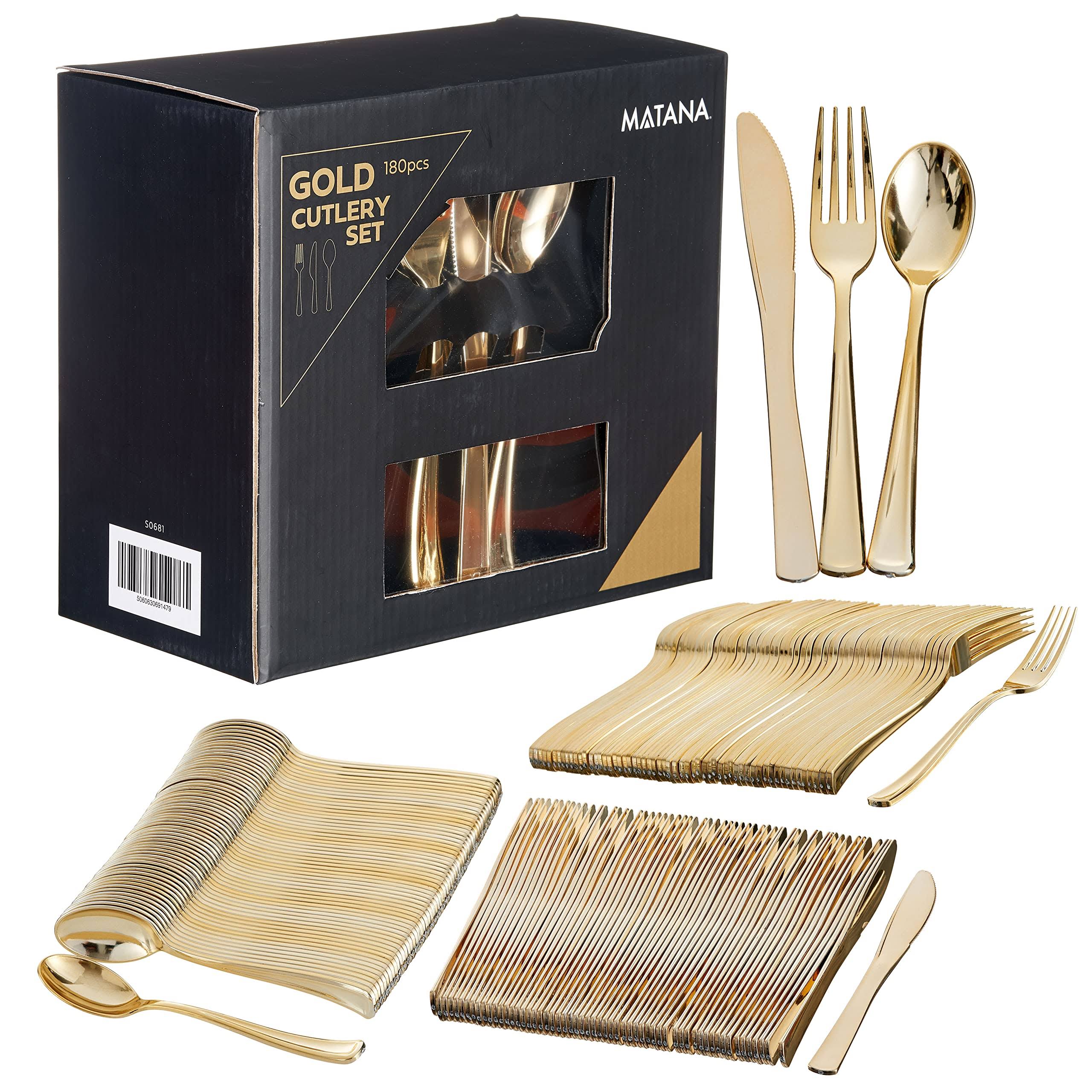 MATANA 180 Bulk Gold Plastic Silverware Set (60 Knives 60 Forks 60 Spoons) - ...