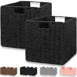 Ornavo Home Wicker Storage Cubes Bin, 10.5 Inch Storage Shelf Basket Collapsible Natural Hand Woven Paper Storage Cube Bin with Handles - Set of 2, White/Brown