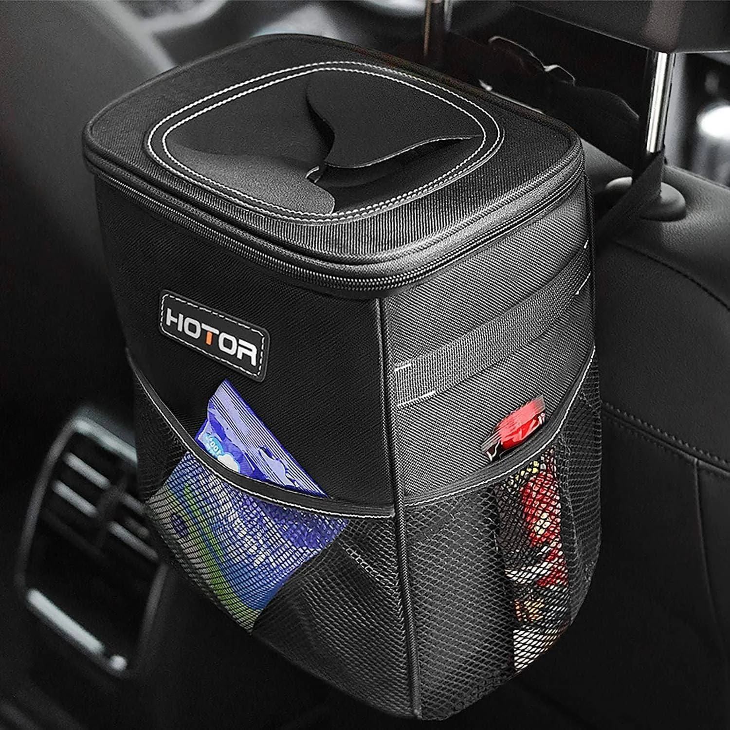 Car Trash Can with Lid and Storage Pockets - 100% Leak-Proof Organizer, Waterpro