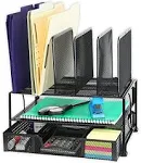 Simple Houseware Mesh Desk Organizer with Sliding Drawer, Double Tray and 5 Upright Sections, Black