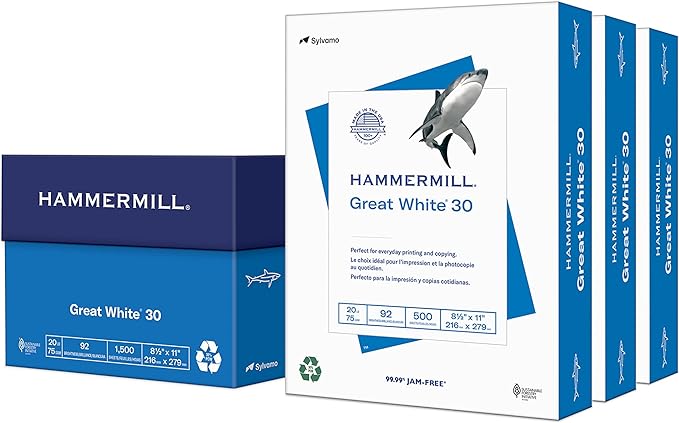 Hammermill Printer Paper, Great White 30% Recycled Paper, 8.5 x 11 - 1 Ream (500 Sheets) - 92 Bright, Made in the USA, 086710