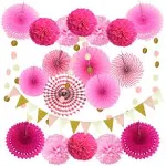 Party Decoration 21 Pcs Pink Hanging Paper Fans Pom Poms Flowers Garlands String