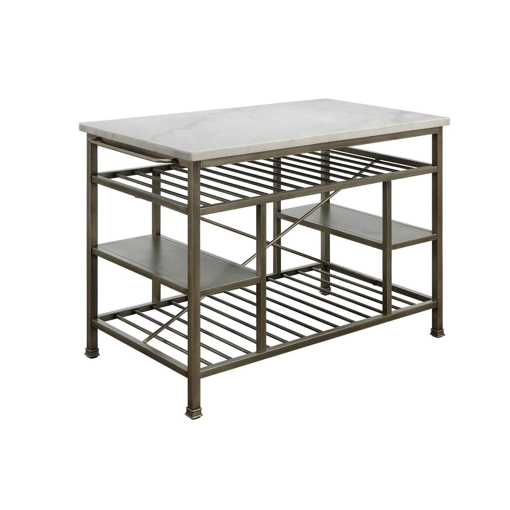 Marble Top Metal Kitchen Island with 2 Slated Shelves Gray and White