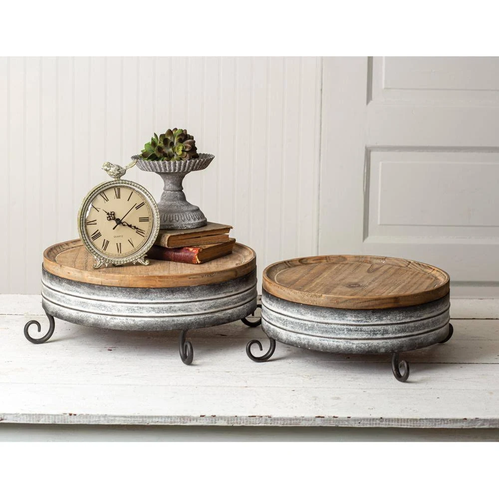 Set of 2 Country Rustic Brown Wood Finish Nesting Serving Trays w/ Metal Handles