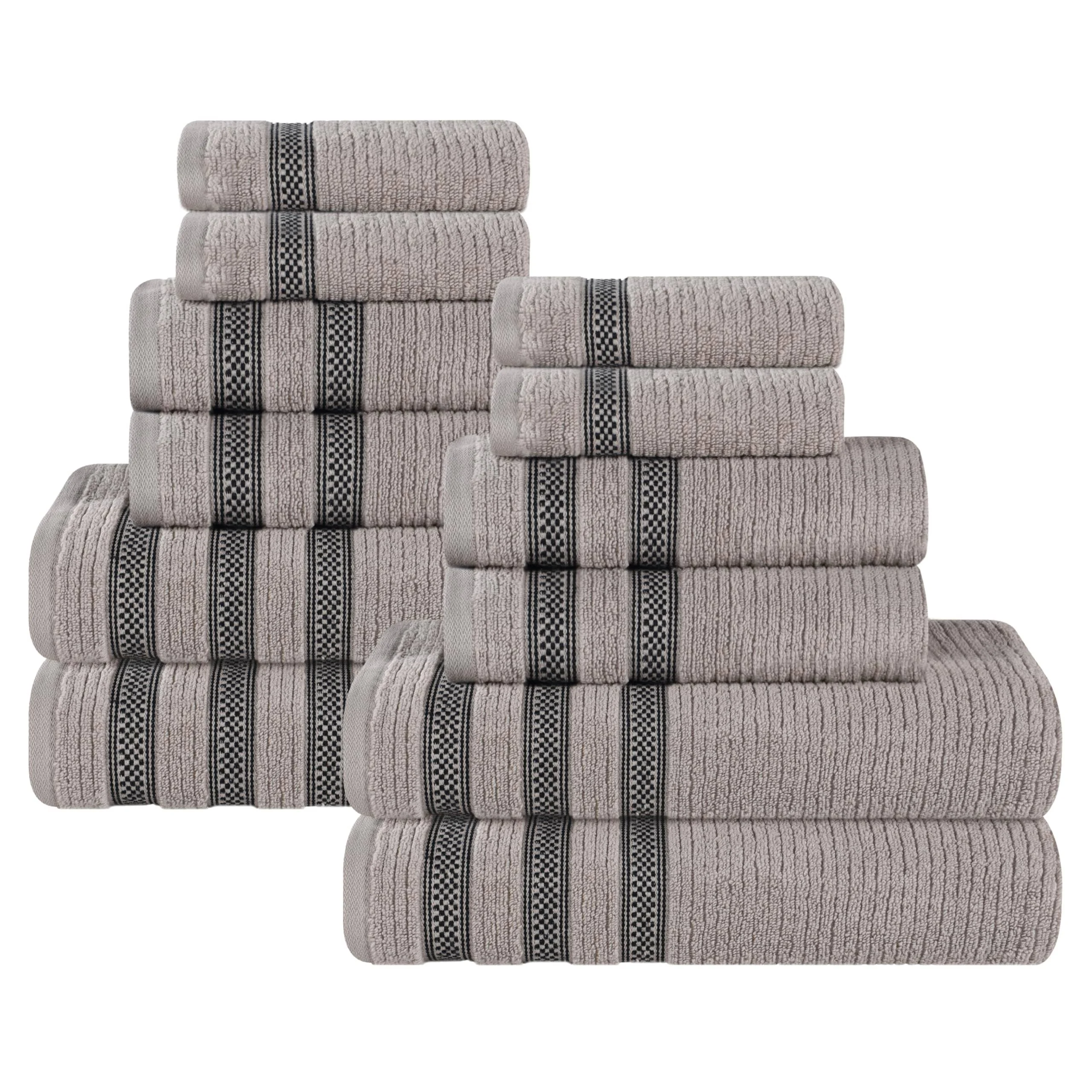 Superior Cotton 12-Piece Towel Set, Zero Twist, Ribbed Geometric, Bathroom Essentials, Shower, Spa, Luxury Plush Soft Absorbent Towels, Includes 4 Bath, 4 Hand, 4 Washcloth/Face Towels, Grey