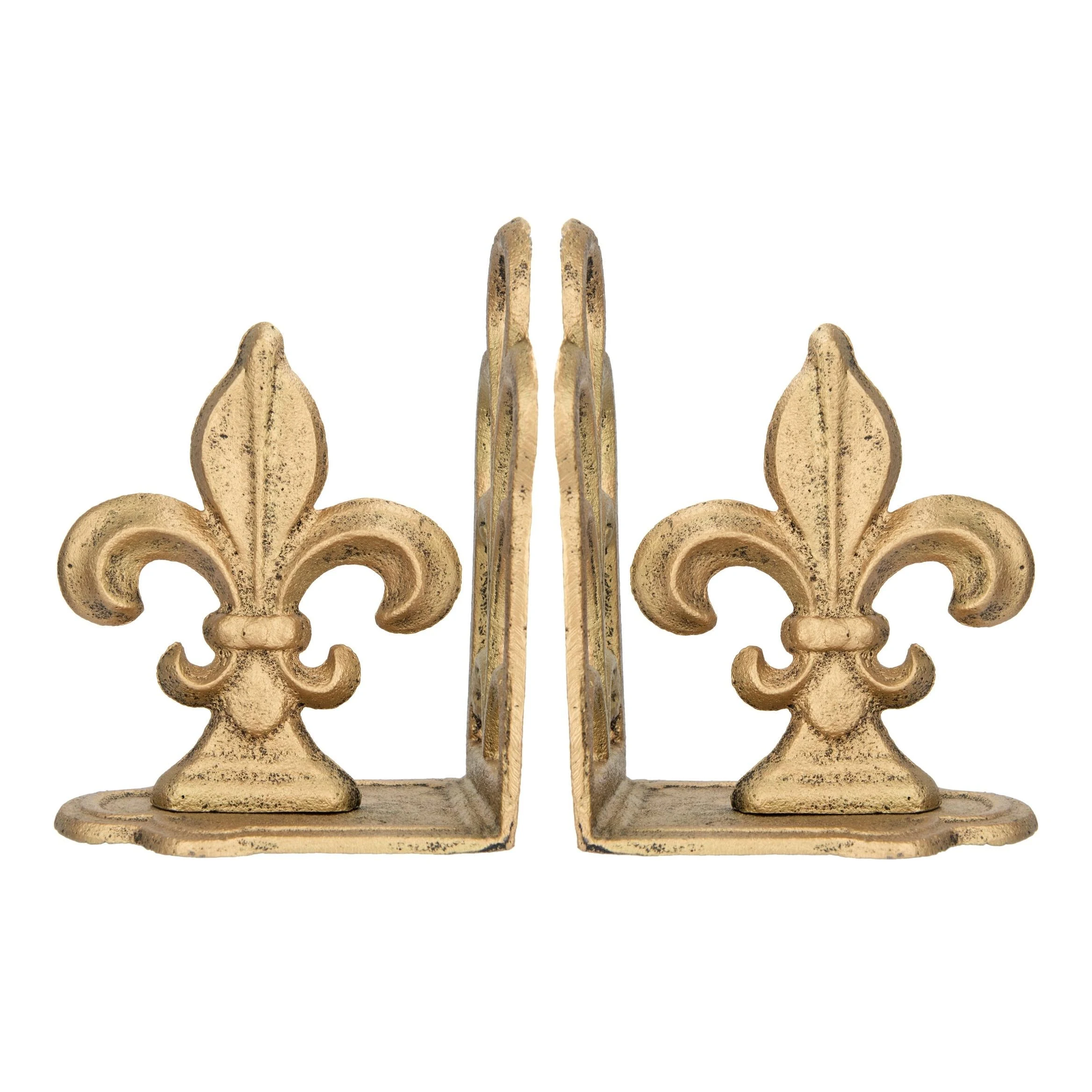 Creative Co-Op Decorative Distressed Metal Fleur de Lis Bookends, Gold, Set of 2