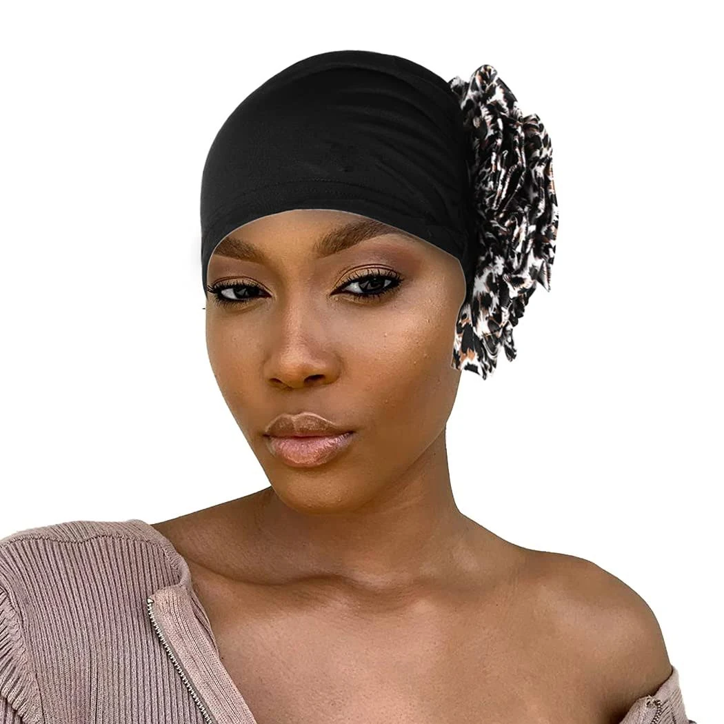 Bohend Women Big Flower Elastic Turban Beanie Head Scarf Wrap Large, Black 