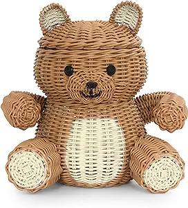 G6 Collection Bear Rattan Storage Basket with Lid Decorative Bin Home Decor Hand Woven Shelf Organizer Cute Handmade Handcrafted Nursery Gift