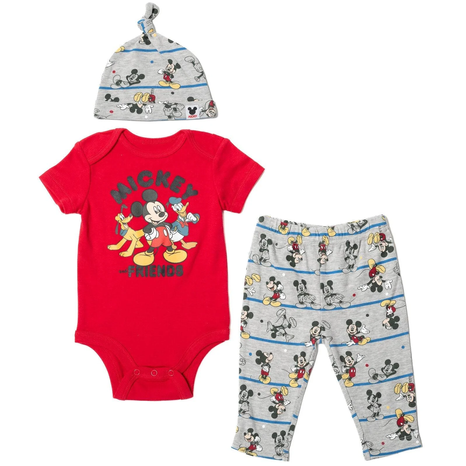 Disney Mickey Mouse Pluto Donald Duck Baby Bodysuit Pants and Hat 3 Piece Outfit Set Newborn to Infant