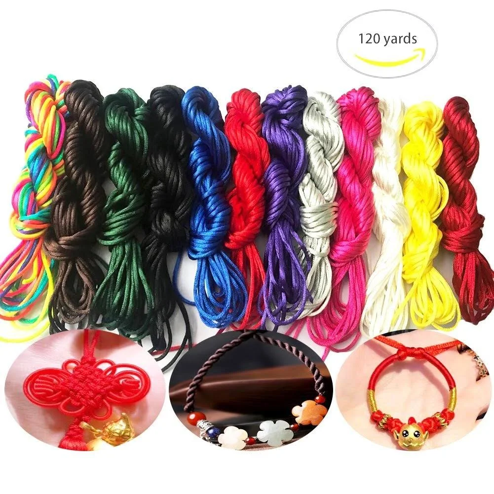 VGOODALL 2mm Nylon Cord, 12 Colors 120 Yards Nylon Satin Cord Nylon Cord for Jewelry Making，Lanyard,Beading,Macrame,Chinese Knotting Friendship Bracelet Cording