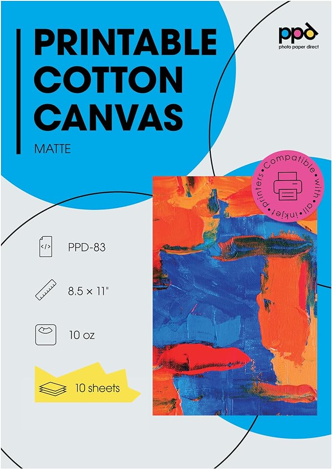 PPD Inkjet Canvas 100% Real Printable Cotton Ltr 8.5 x 11" 125lbs. 340GSM 17mil x 10 Sheets (PPD083-10)