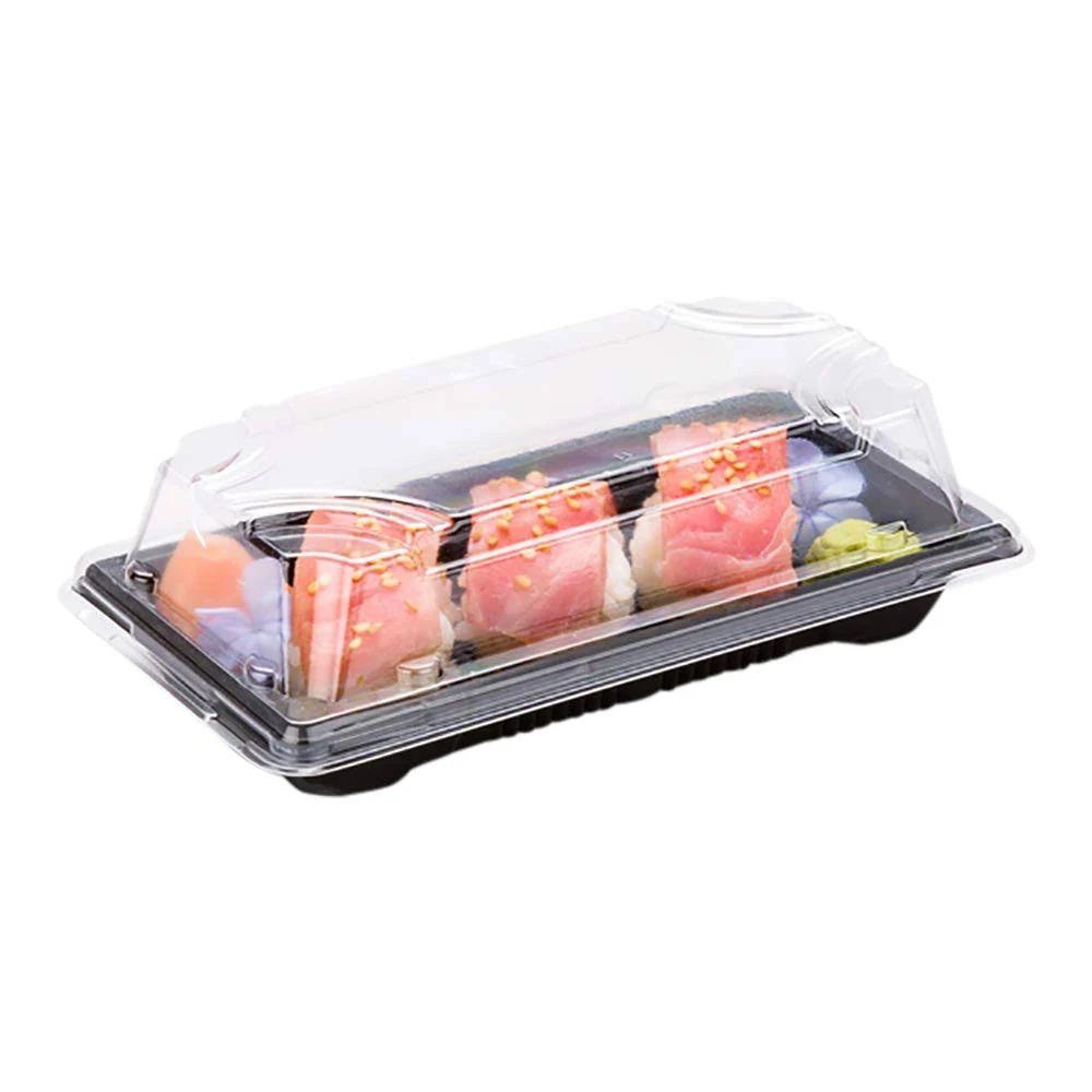 Restaurantware Roku 6.9 x 3.75 inch Sushi Trays 100 Disposable Sushi Containers with Lids - Medium Rectangle Black Plastic to Go Containers for