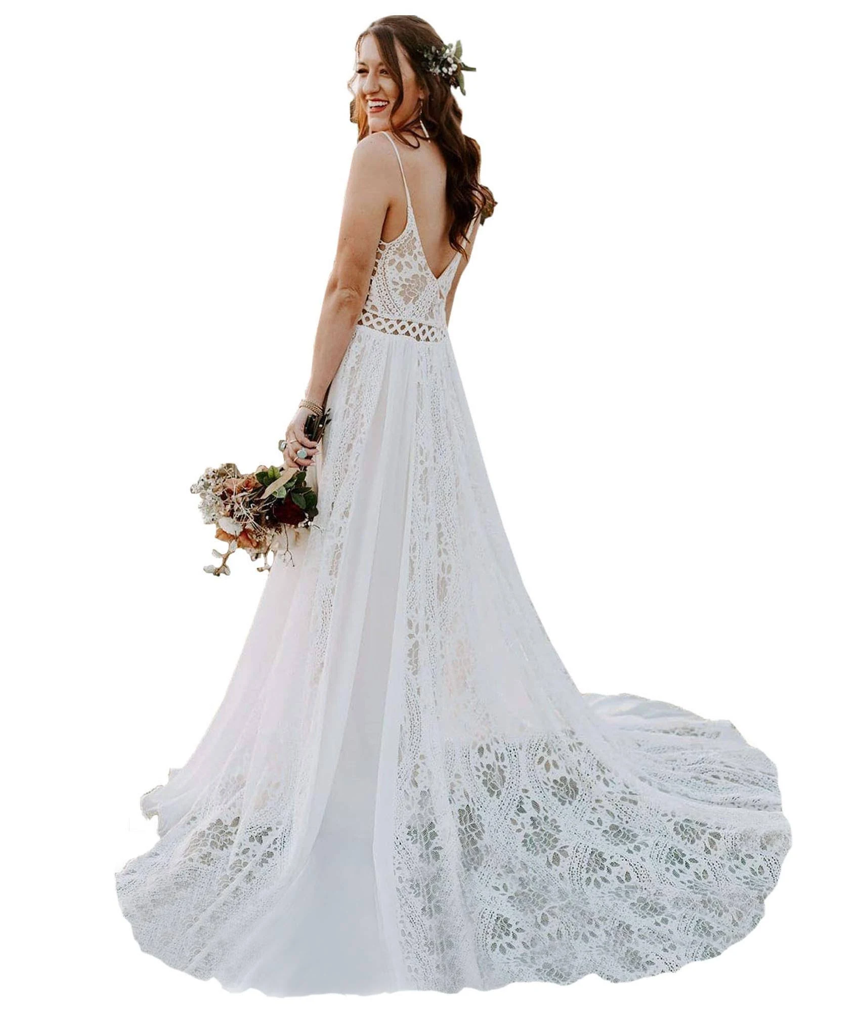 LIPOSA Boho Lace Wedding Dresses for Bride Spaghetti Strap Sweetheart A Line Sleeveless Courthouse Bridal Gowns