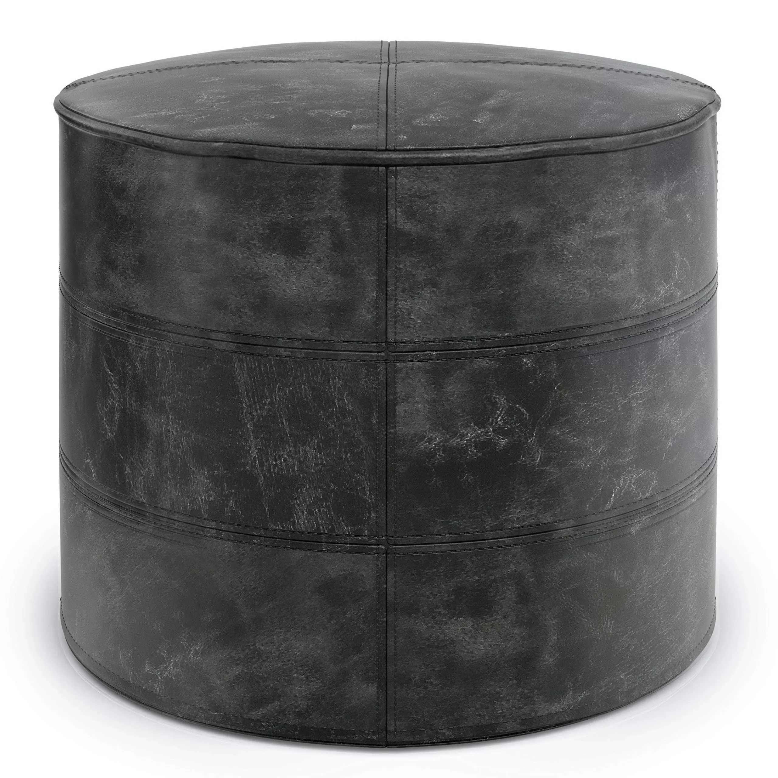 Connor Round Pouf in Distressed Black Genuine Leather