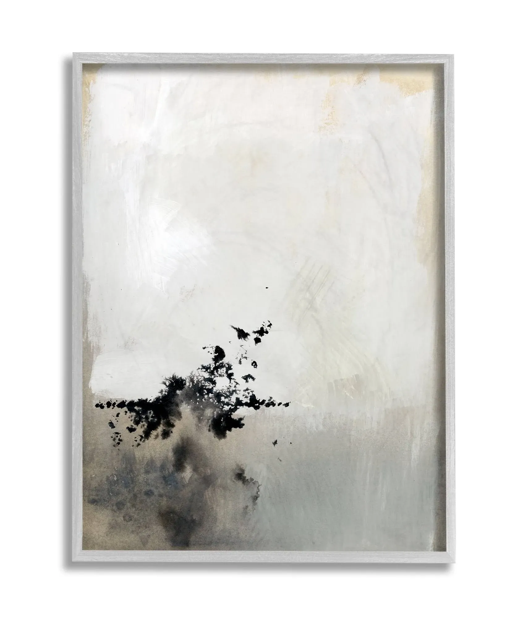 Minimal Neutral Abstract Painting Black Splatter 14&quot; x 11&quot; Gray Framed Wall Art