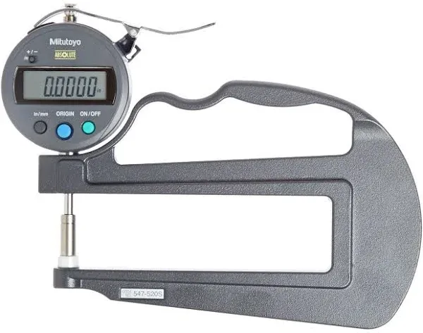 Mitutoyo 547-520S Digital Thickness Gauge with Flat Anvil, 120mm Throat Depth, I