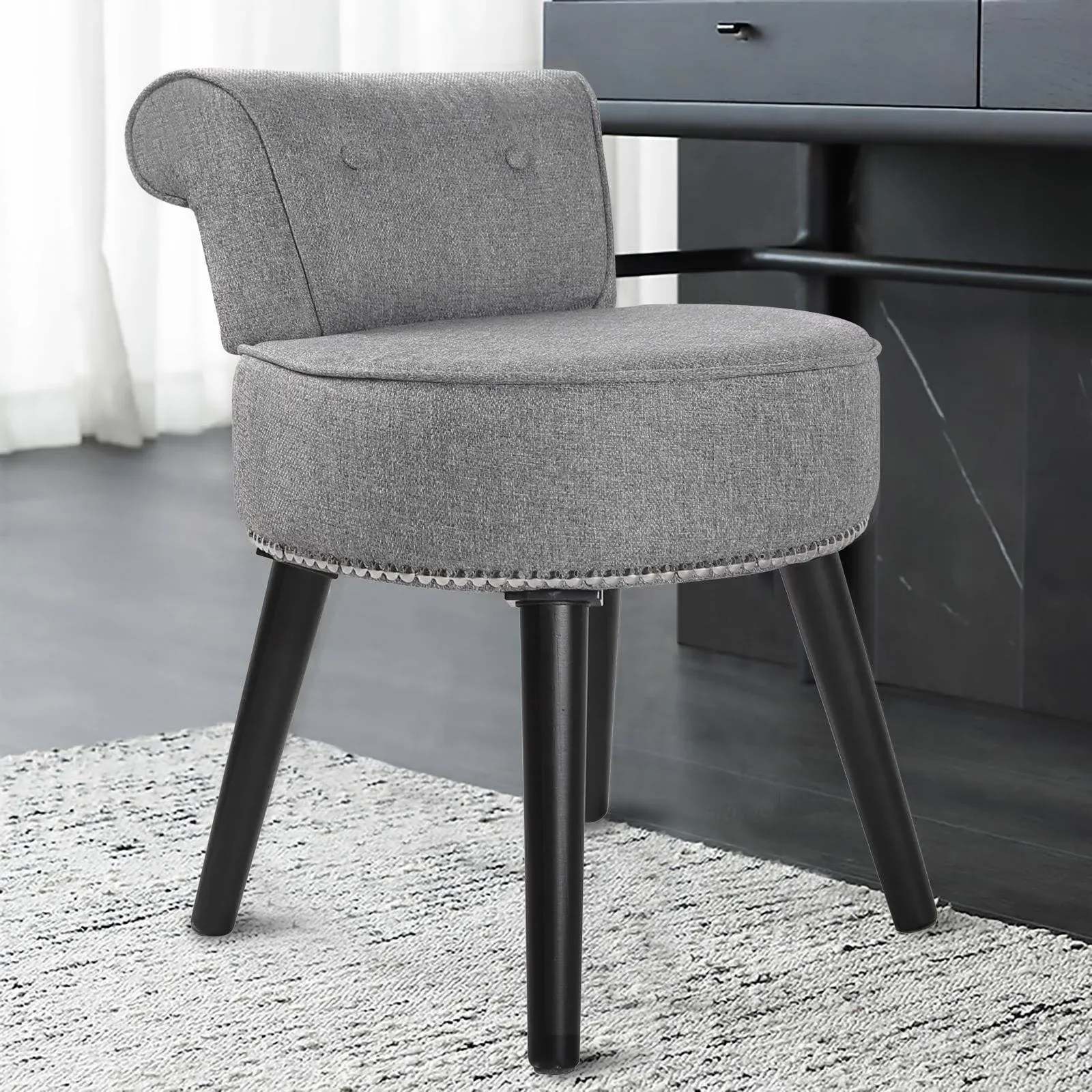 Veikous Makeup Vanity Stool Chair with Low Back and Wood Legs-17.3" x 15.7" x 25.1" Grey