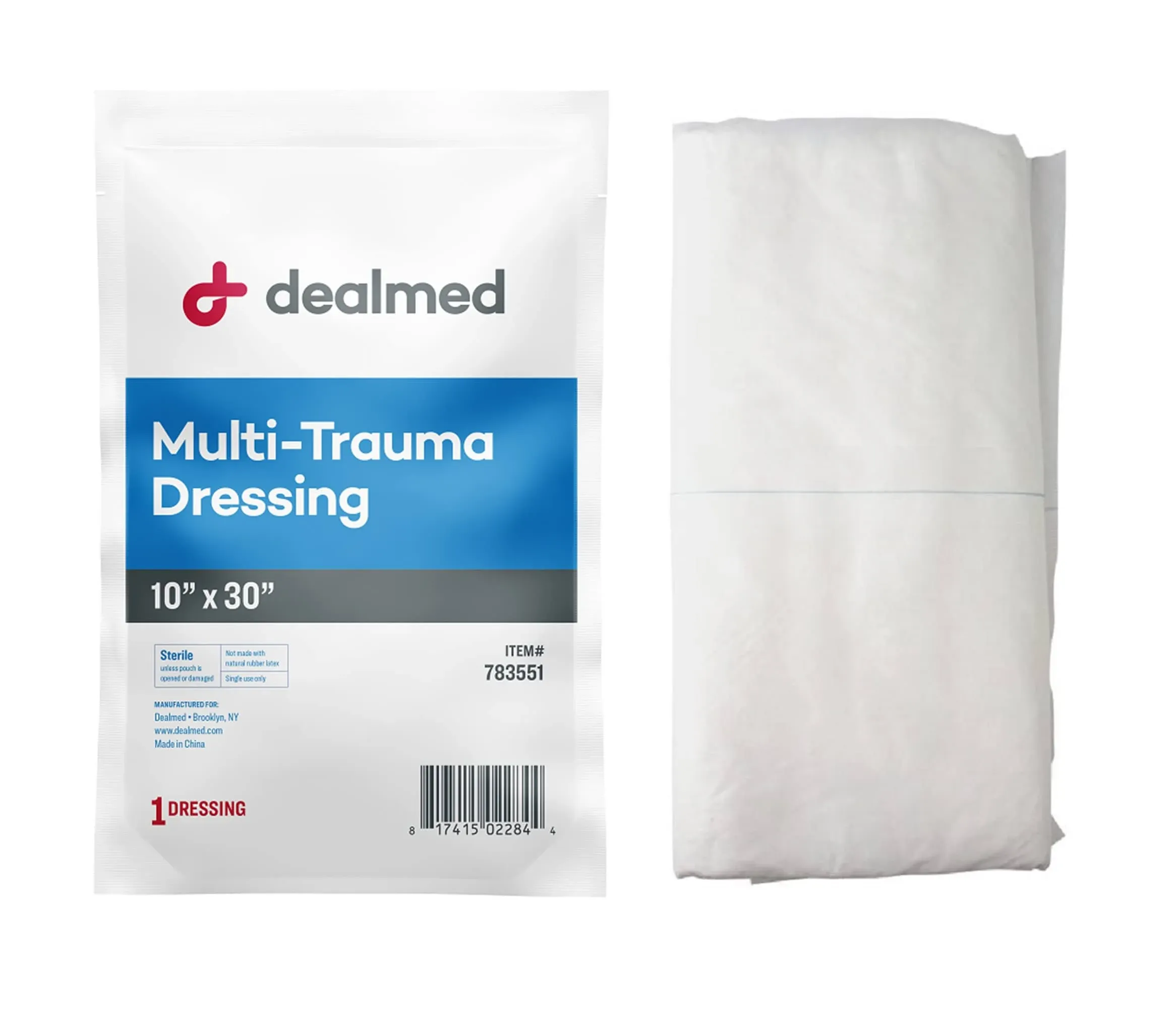 Dealmed 10" x 30" Multi-Trauma Dressing – Sterile Emergency Oversized Pad, Superior Absorbency, Protection and Padding, Wound Care Product for First Aid Kit (Pack of 1)