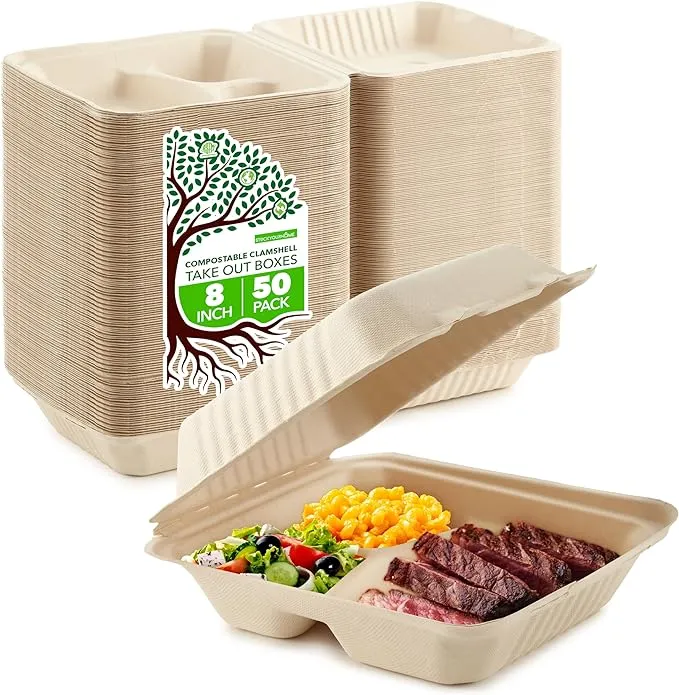 Clamshell Take Out Food Containers 8 x 8 (50 Pack) 3-Compartment, Disposable To Go Container, Togo Boxes With Lids, Trays for Lunch, Dinner, Meal-Prep, Eco Friendly, Compostable, Biodegradable