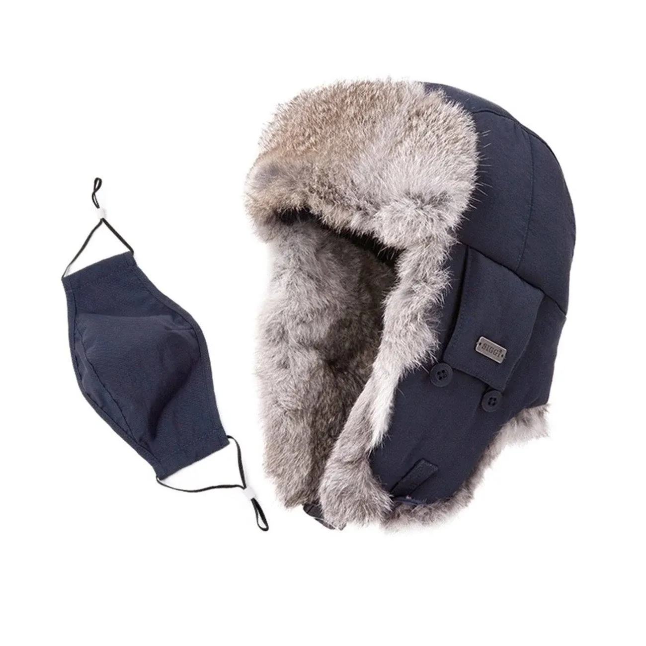 Mens Russian Navy Bomber Hat Earflap Winter Trooper Trapper 100% Real Rabbit Fur Hat for Women