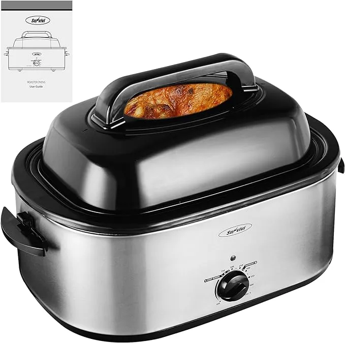 Sunvivi 28lb 24-Quart Roaster Oven, Electric Roaster Oven with Viewing Lid, Turkey Roaster with Unique Defrost/Warm Function, Large Roaster with Removable Pan & Rack, Stainless Steel, Silver