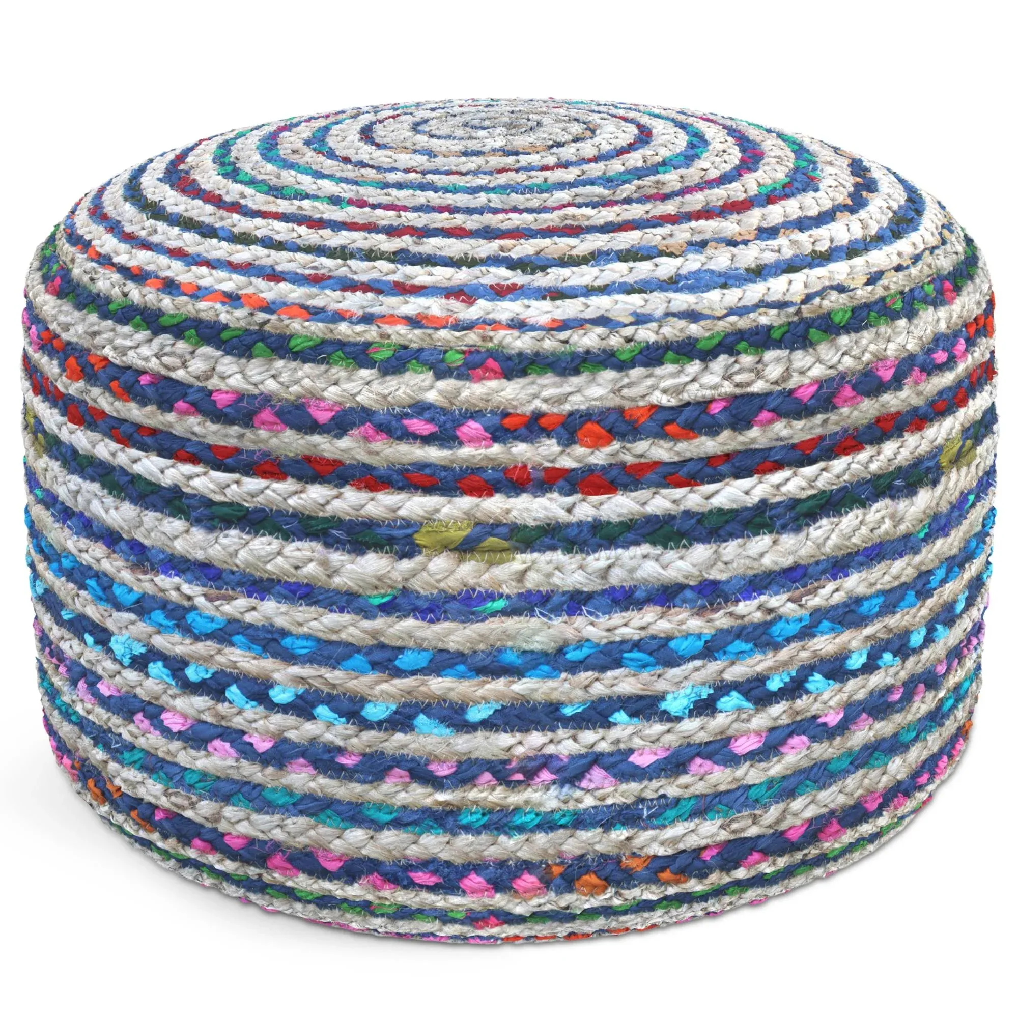 SIMPLIHOME Margo 20 Inch Wide Boho Round Pouf in Blue Braided Jute, for The Living Room, Bedroom and Kids Room