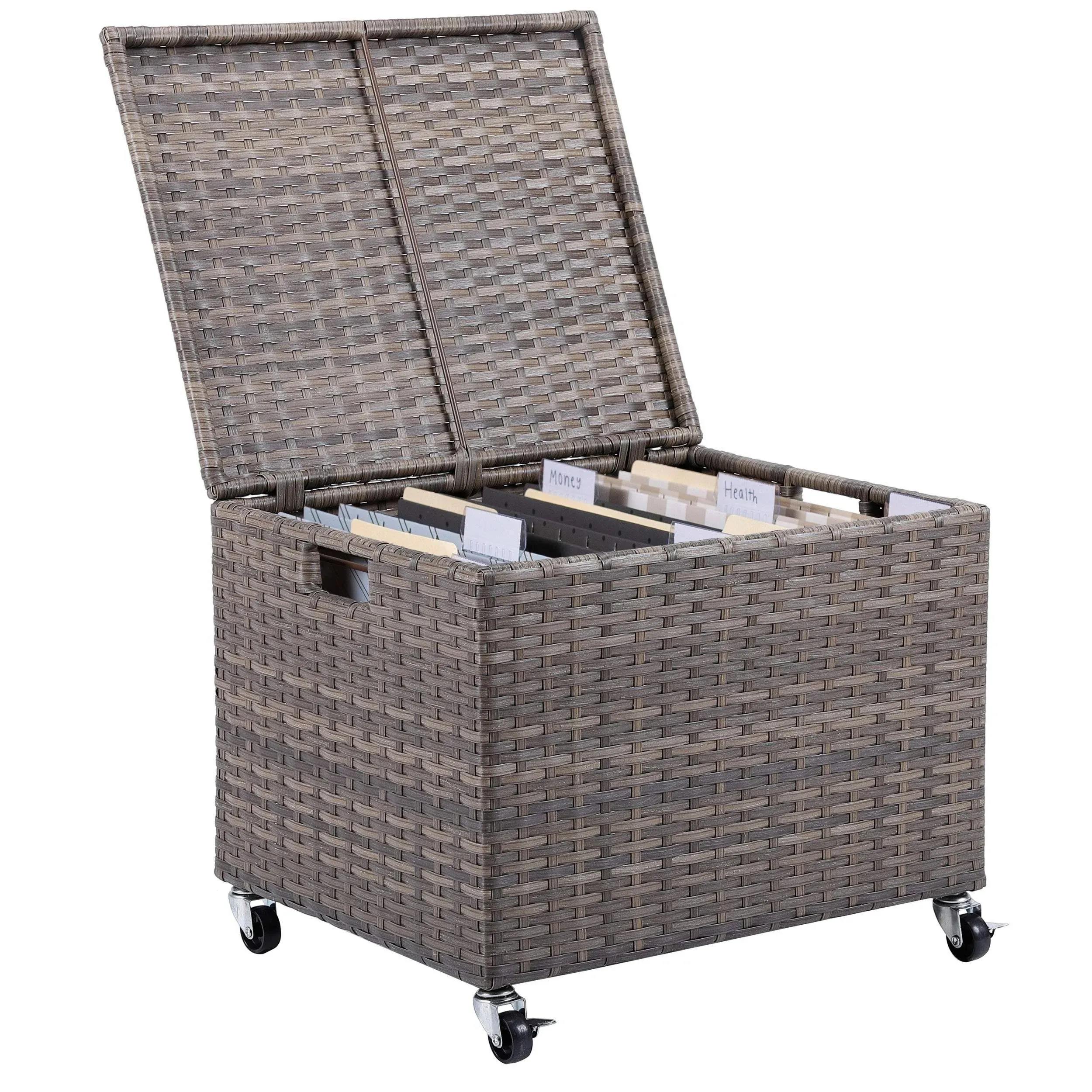 BIRDROCK HOME Rolling File Box - Storage Cabinet with Wheels - Weatherproof Rattan-Style Resin Deck Chest for Garden, Home and Office - Organize Cushions, Toys, and Accessories - Storage Box - Tan