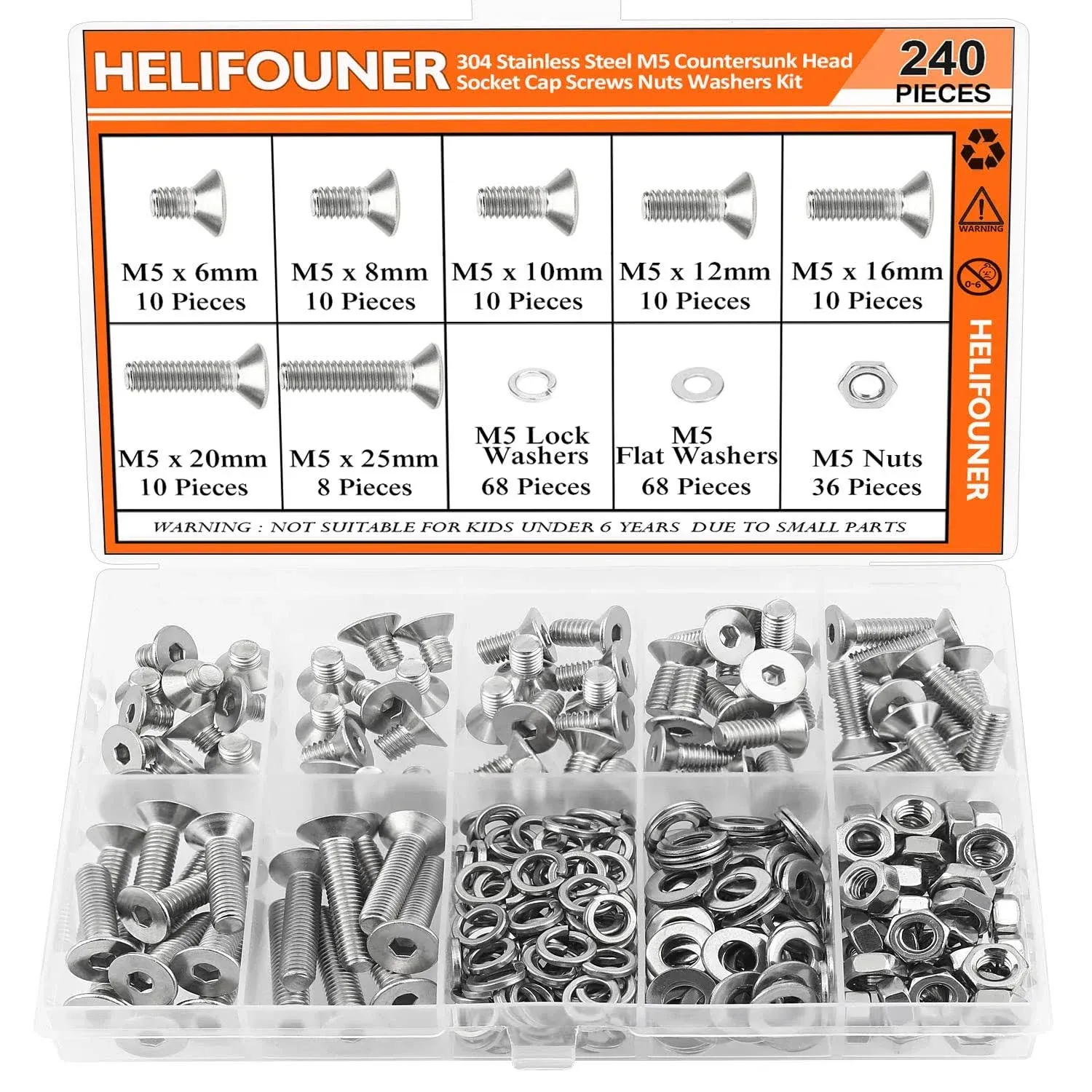 HELIFOUNER 240 Pieces M5 x 6mm 8mm 10mm 12mm 16mm 20mm 25mm, Countersunk Head Socket Cap Screws Bolts Washers Nuts Kit, 304 Stai