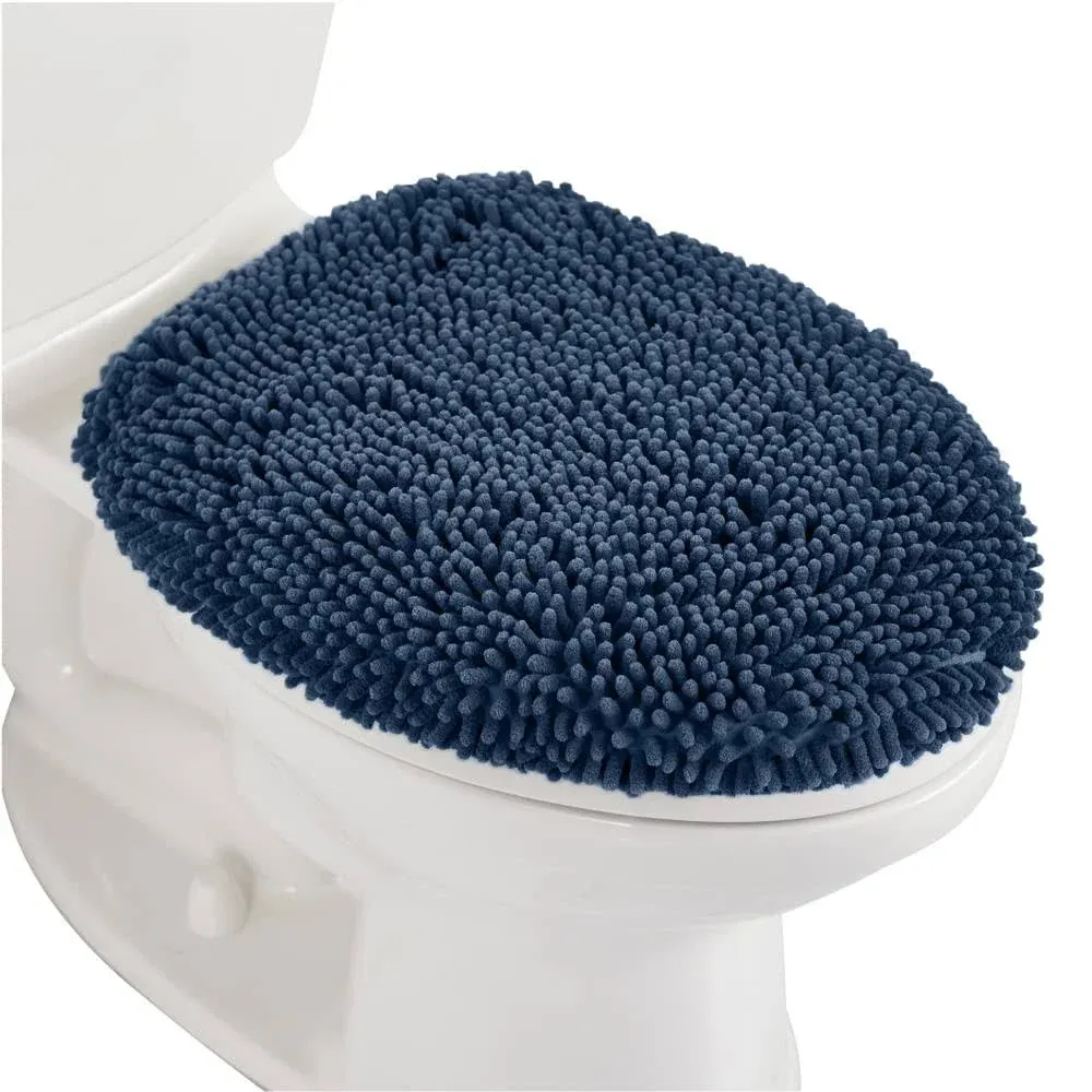 Navy Chenille Soft Toilet Lid Cover Fits Most Toilets Machine Washable 17.5x15