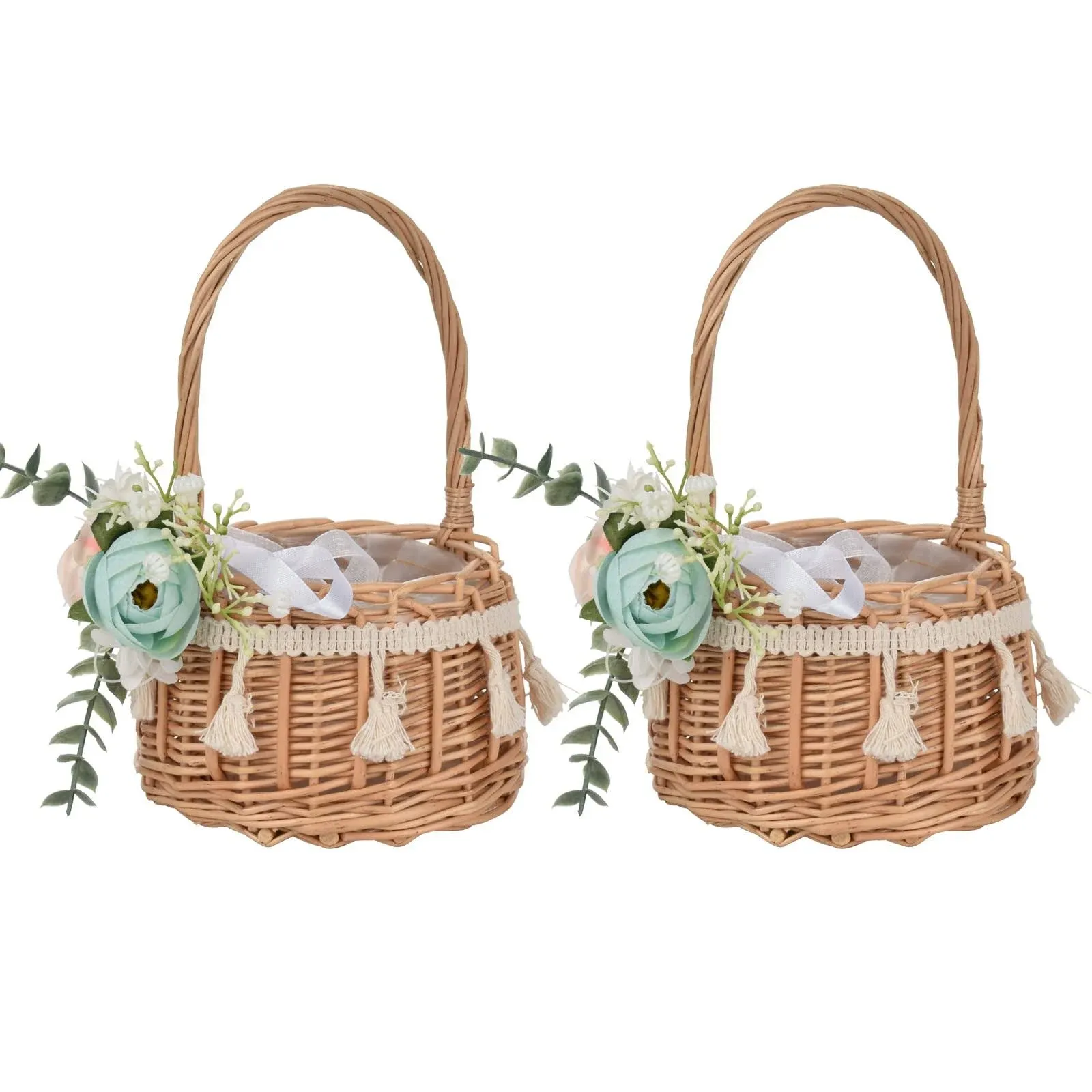 2Pack Flower Girl Baskets,Flowers Bouquet Silk Petals White Ribbon for Wedding,Woven Storage Basket with Handle,Rustic Decorative Flower Basket,Green (45P31XGN0V7L1501W)