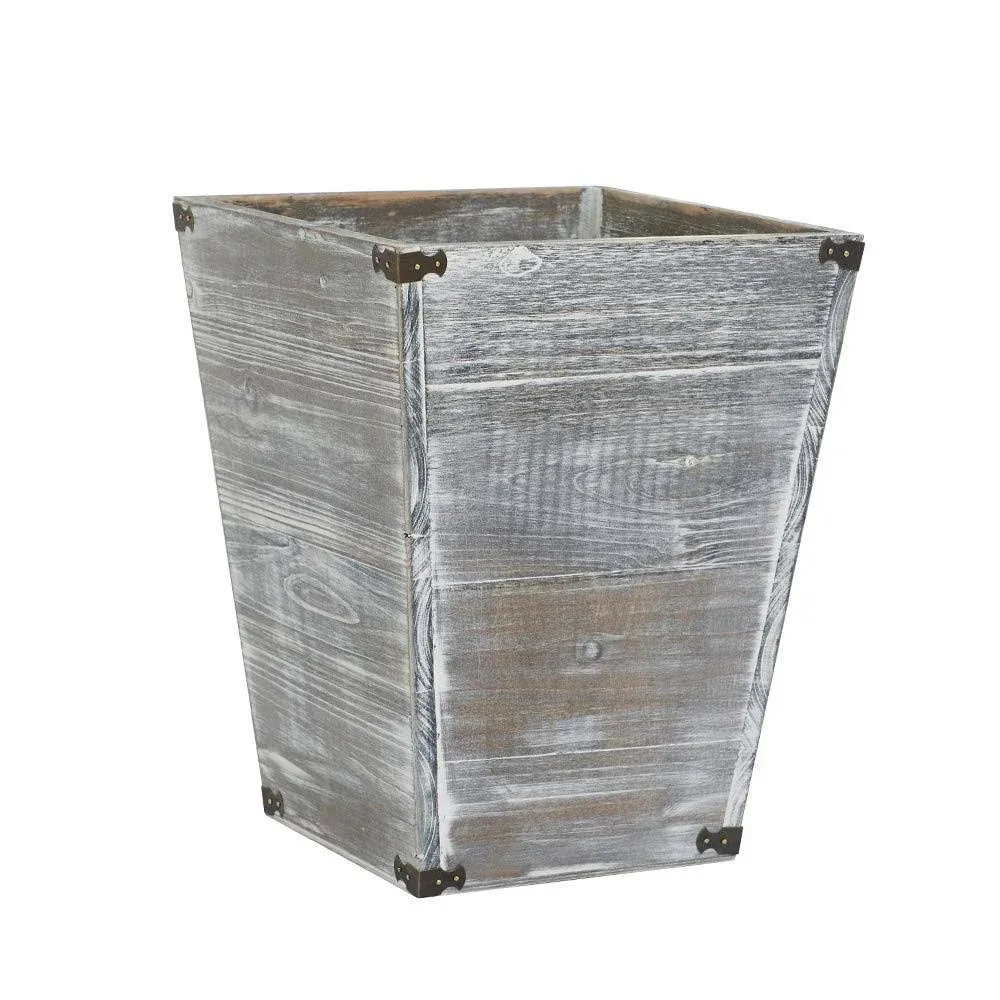 VERGOODR Gray Farmhouse Style Torched Wood Square Waste Bin with Decorative Metal Brackets Trash Can for Bedroom,Living Room, Bathroom & Office