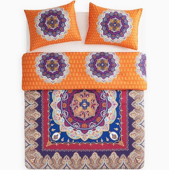 Wake In Cloud - Hippie Comforter Set, Boho Bohemian Moroccan Retro Mandala, Soft Lightweight Bedding, 3 Pieces, Orange Purple, Queen Size