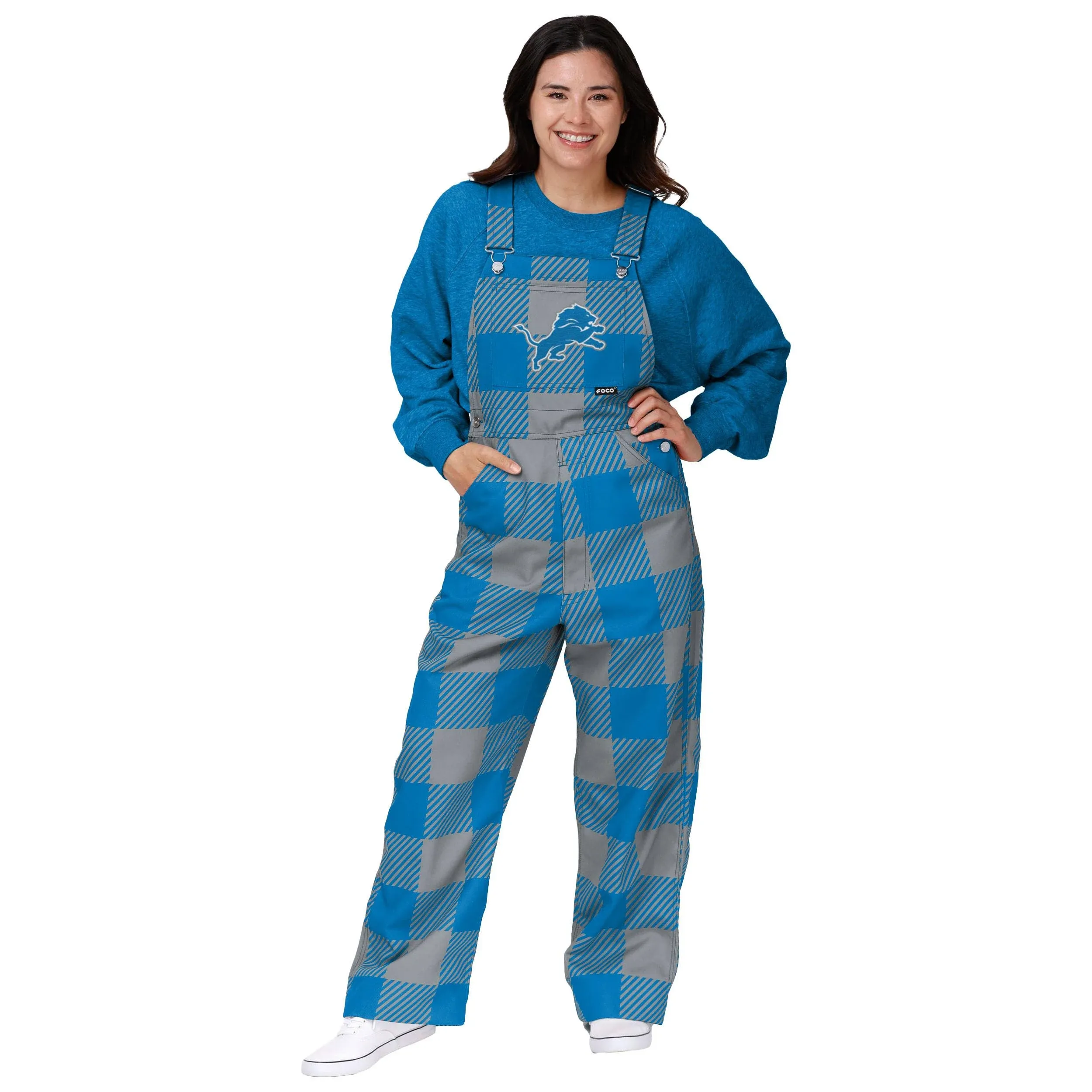 Women's FOCO Blue Detroit Lions Big Logo Plaid Overalls