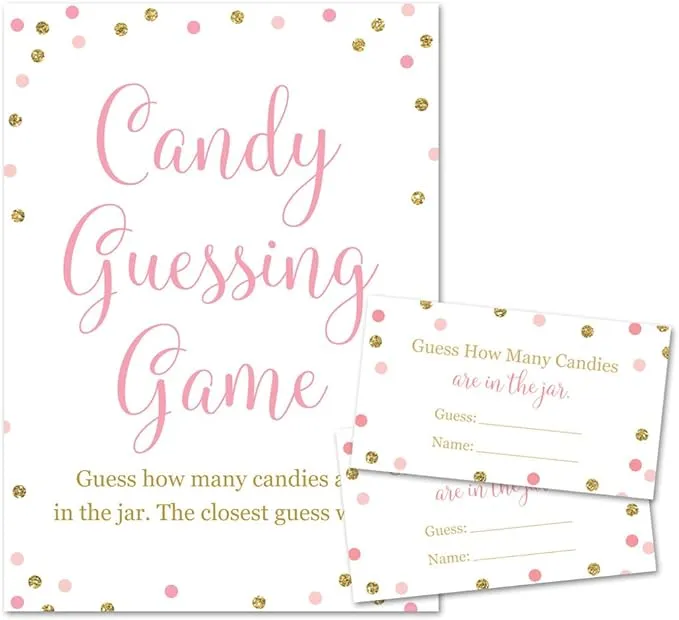 Baby Shower Candy Guessing Game, How Many Candies, Faux Gold Glitter and Pink...