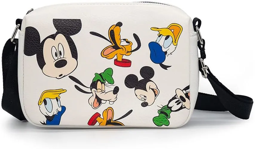 Disney Bag, Crossbody, Rectangle, Disney Mickey and Friends Fab Four Expressions All Over, White, Vegan Leather