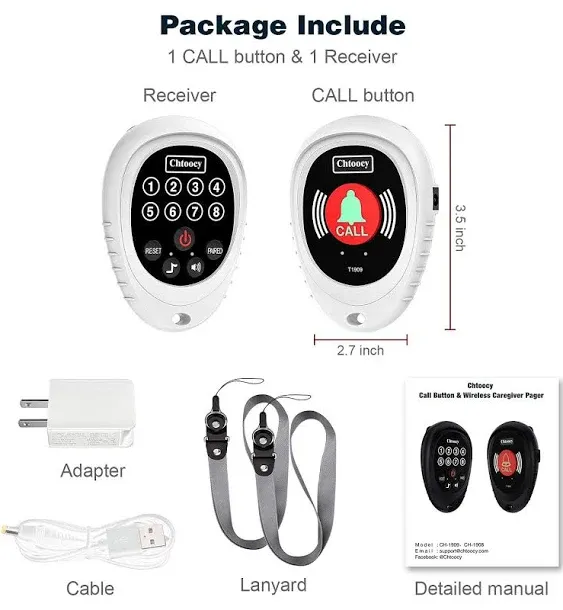 Rechargeable Wireless Caregiver Pager Smart Call Button 1000 Ft Range Nurse Calling Alert Patient Help System for Elderly Monitoring SOS Alert System Portable Alarm Emergency Home