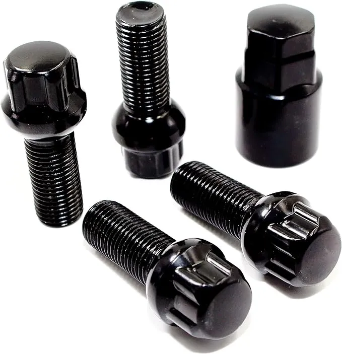 Set of 4 Veritek 14x1.5mm 2.10 inch 28mm Shank Length 19mm 21mm Key Hex R12 OE Black Ball Seat Wheel Bolt Locks for Mercedes Audi VW Factory Wheels