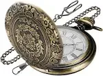 Bronze Large Decorative Flower Pattern Pocket Watch White Roman Numeral Scale Quartz Pocket Watches for Men with Chain