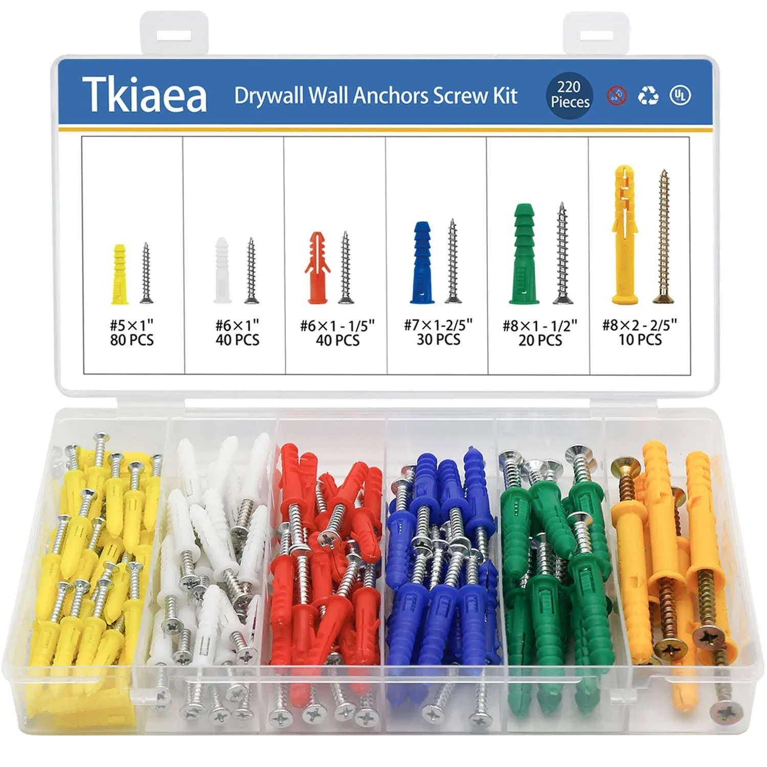 Drywall Anchors and Screws Kit 220Pcs, 110 Drywall Anchors, 110 Drywall Screws, Includes 6 Different Size