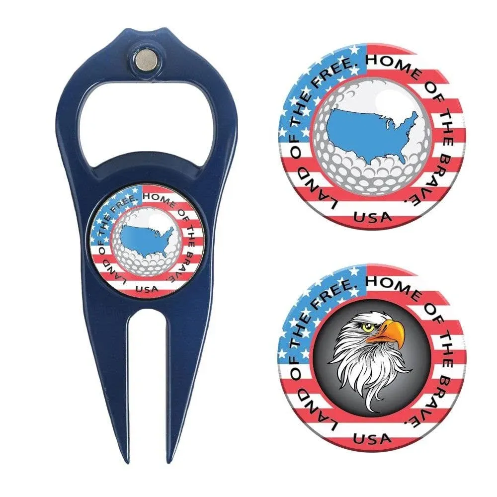 Hat Trick Openers 6-in-1 Golf Divot Tool & Poker Chip Marker Set with USA Logo, Navy