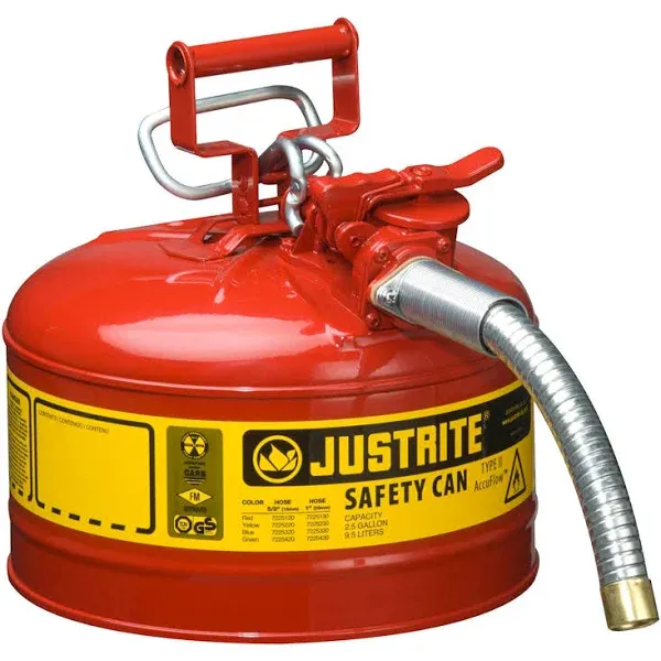 Justrite Safety Can, 2.5 gal, Steel Type II AccuFlow, 1" Hose 7225130