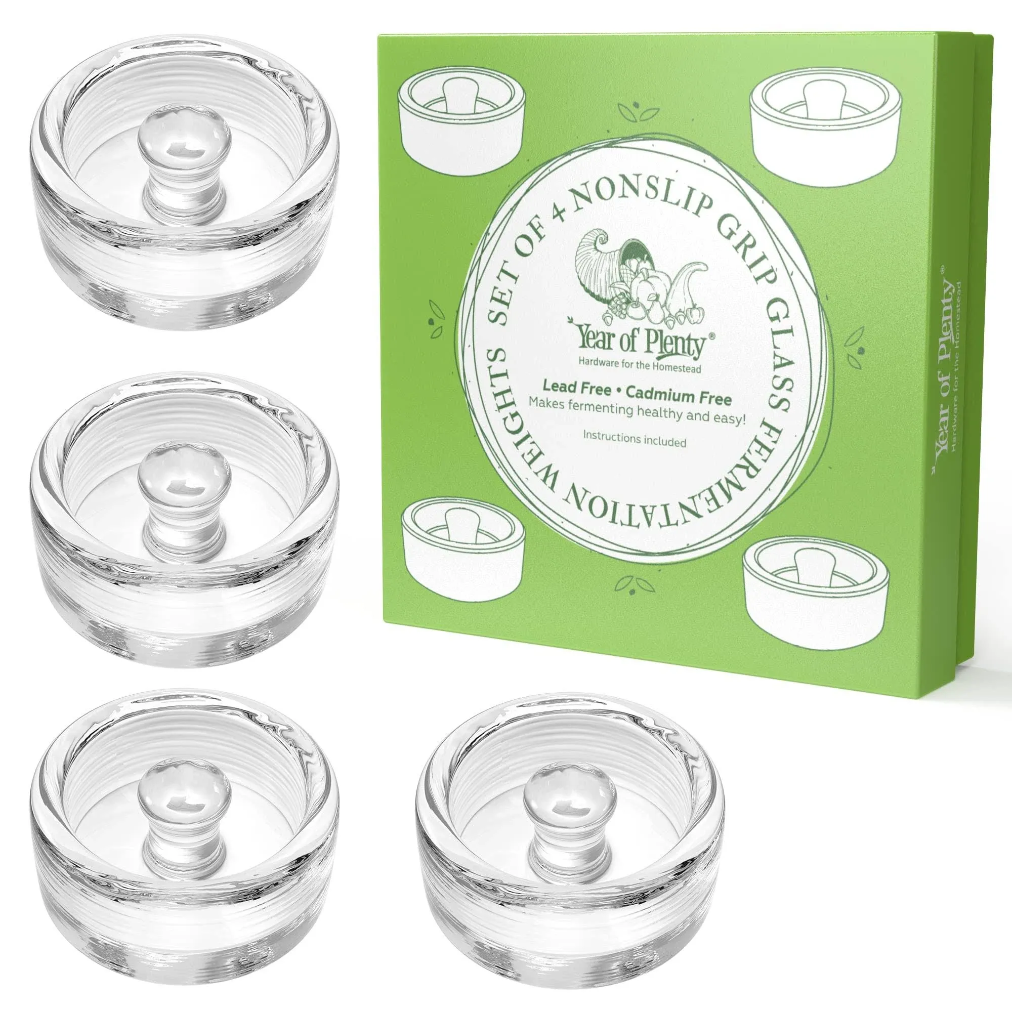 Year of Plenty Fermentation Weights - NonSlip Grip Handle - for Fermenting Sauerkraut, Pickles, Kimchi in Wide Mouth Mason Jars - Lead/Cadmium Free - (Set of 4)