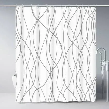 Fabric Shower Curtain Grey and White Striped for Bathroom with 12 Hooks Extra...