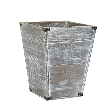 VERGOODR Gray Farmhouse Style Torched Wood Square Waste Bin with Decorative Metal ...